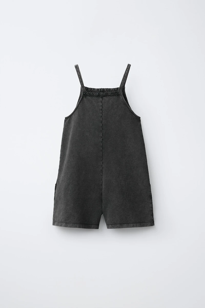 WASHED EFFECT LACE TRIM SHORT JUMPSUIT