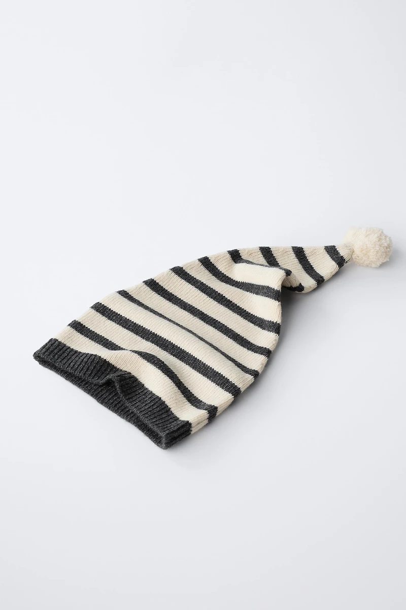 0 MOIS -14 ANS/ BONNET EN MAILLE À RAYURES AVEC POMPON ET LAINE