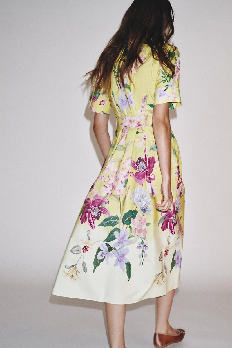 BELTED FLORAL PRINT MIDI DRESS