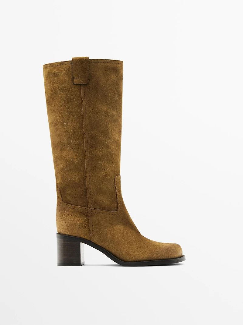 Bottes à talon en croûte de cuir brossée