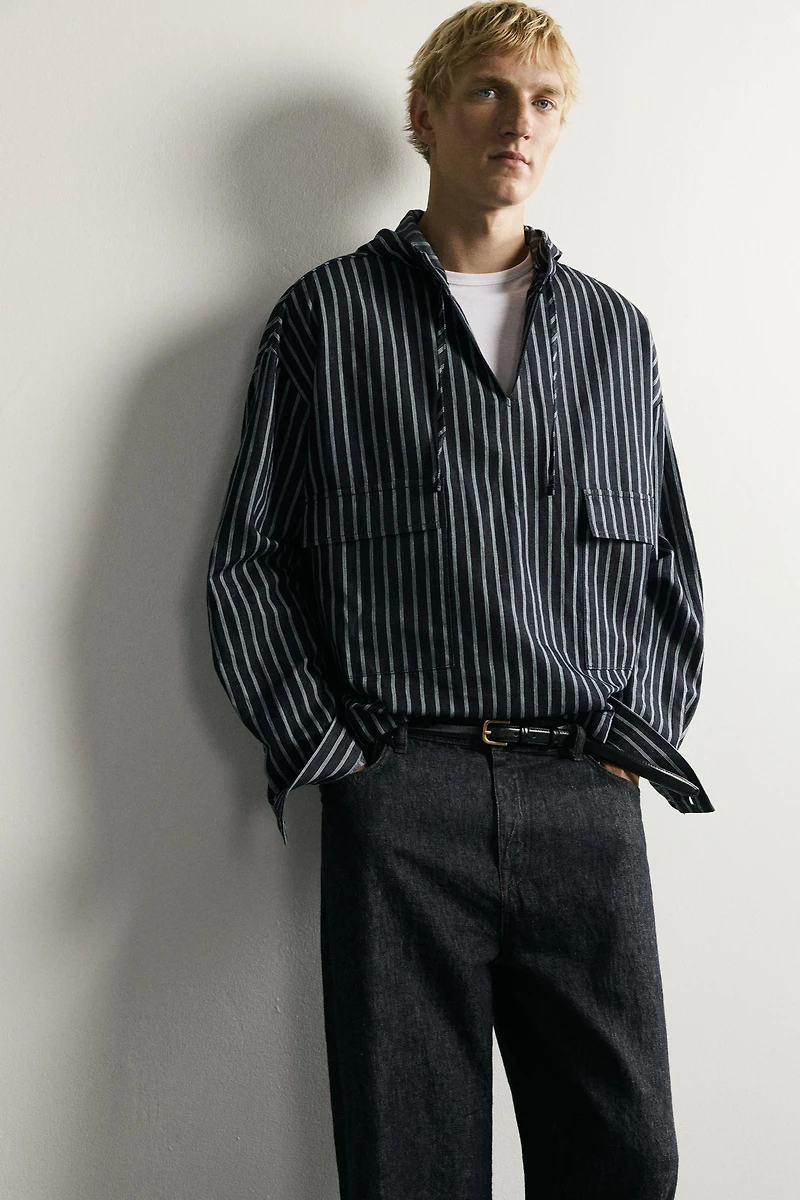 STRIPED COTTON-LINEN HOODIE OVERSHIRT