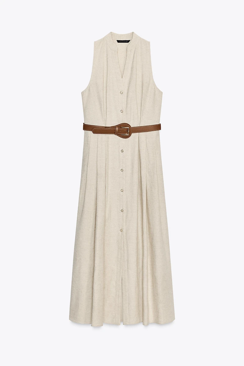 BELTED LINEN MIDI DRESS