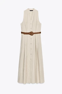 BELTED LINEN MIDI DRESS