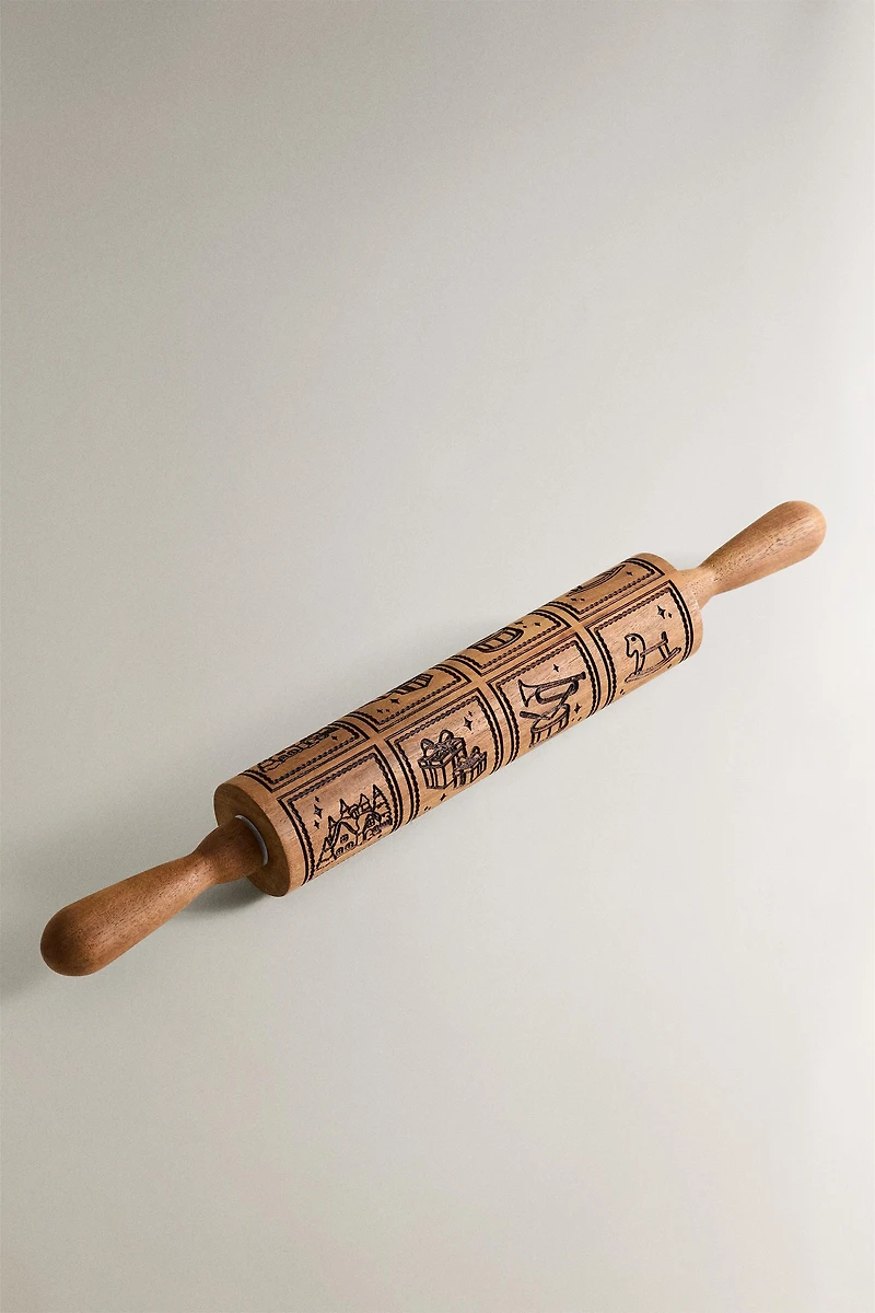 ACACIA WOOD ROLLING PIN WITH RAISED CHRISTMAS DESIGN