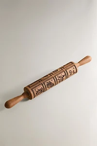 ACACIA WOOD ROLLING PIN WITH RAISED CHRISTMAS DESIGN