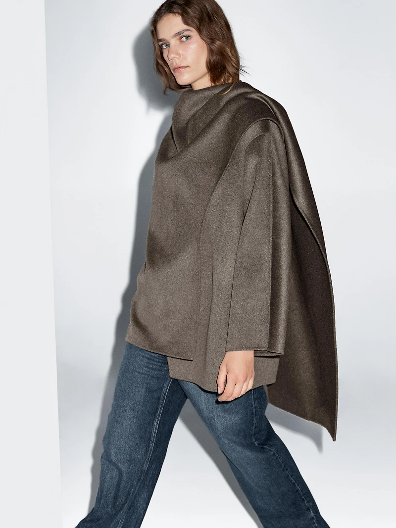 Mid-length wool blend coat with scarf