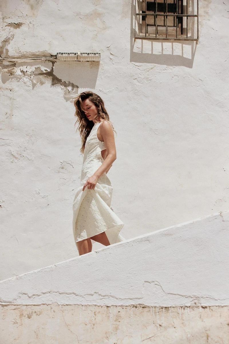 EMBROIDERED EYELET MIDI DRESS