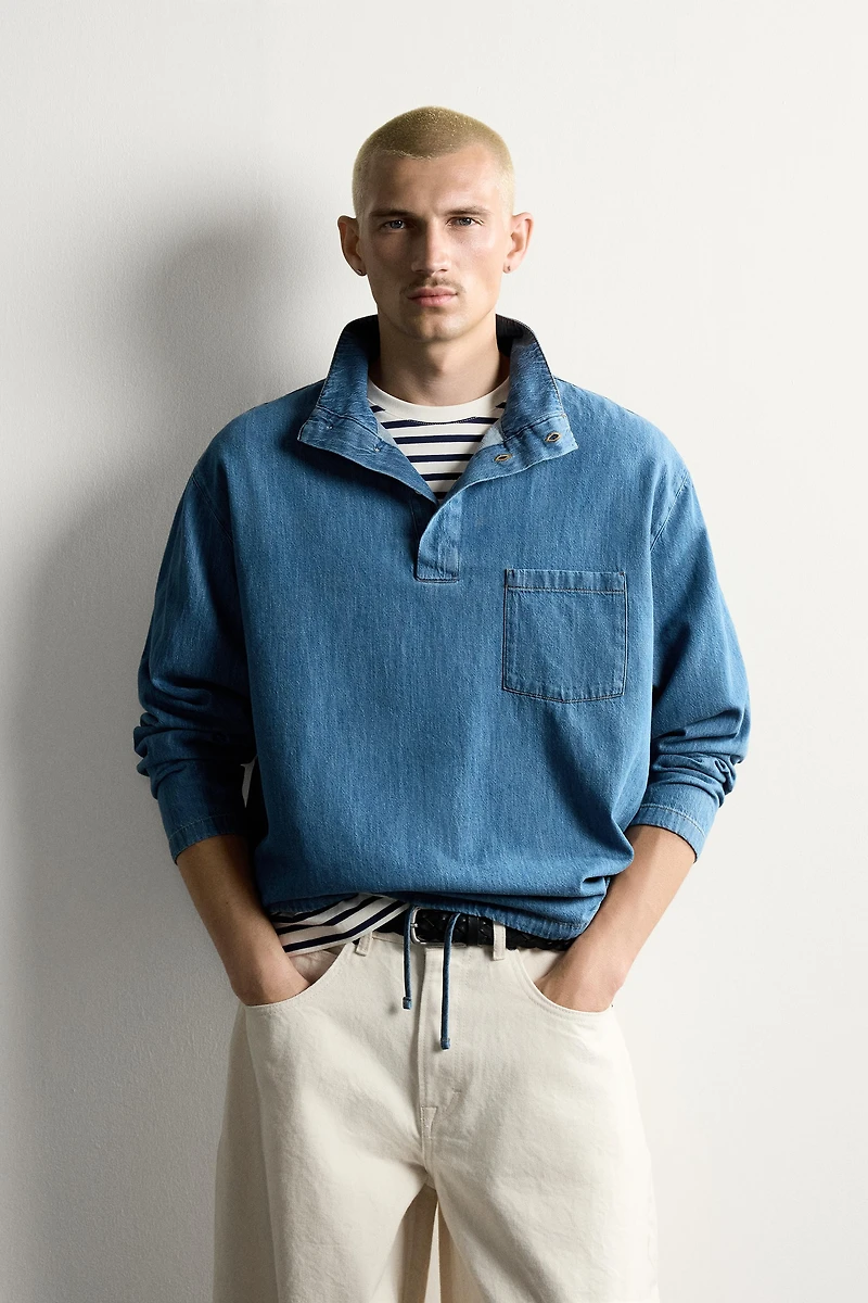 WASHED LIGHTWEIGHT DENIM POLO SHIRT