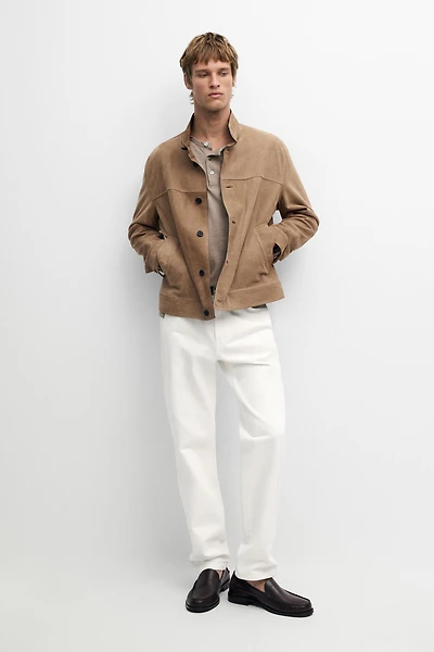 Nubuck leather stand-up collar jacket