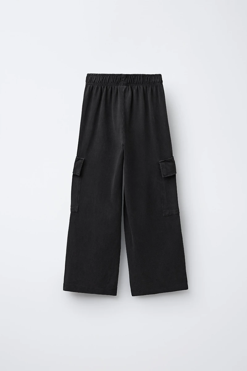 WASHED EFFECT WIDE LEG CARGO PANTS