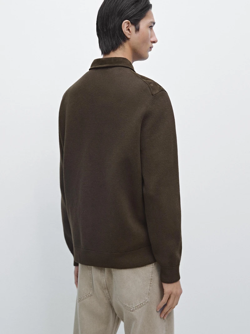 Contrast cotton and leather jacket