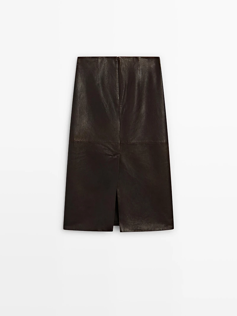Straight nappa leather midi skirt with slit