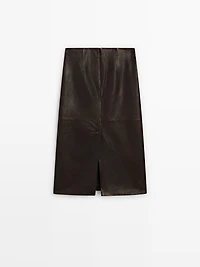 Straight nappa leather midi skirt with slit
