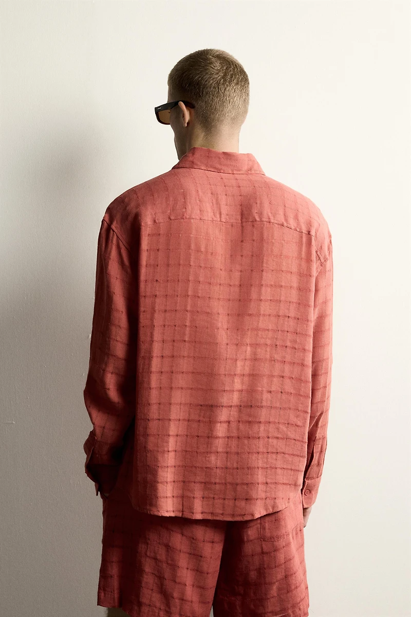 RELAXED FIT CHECKERED LINEN-COTTON JACQUARD SHIRT