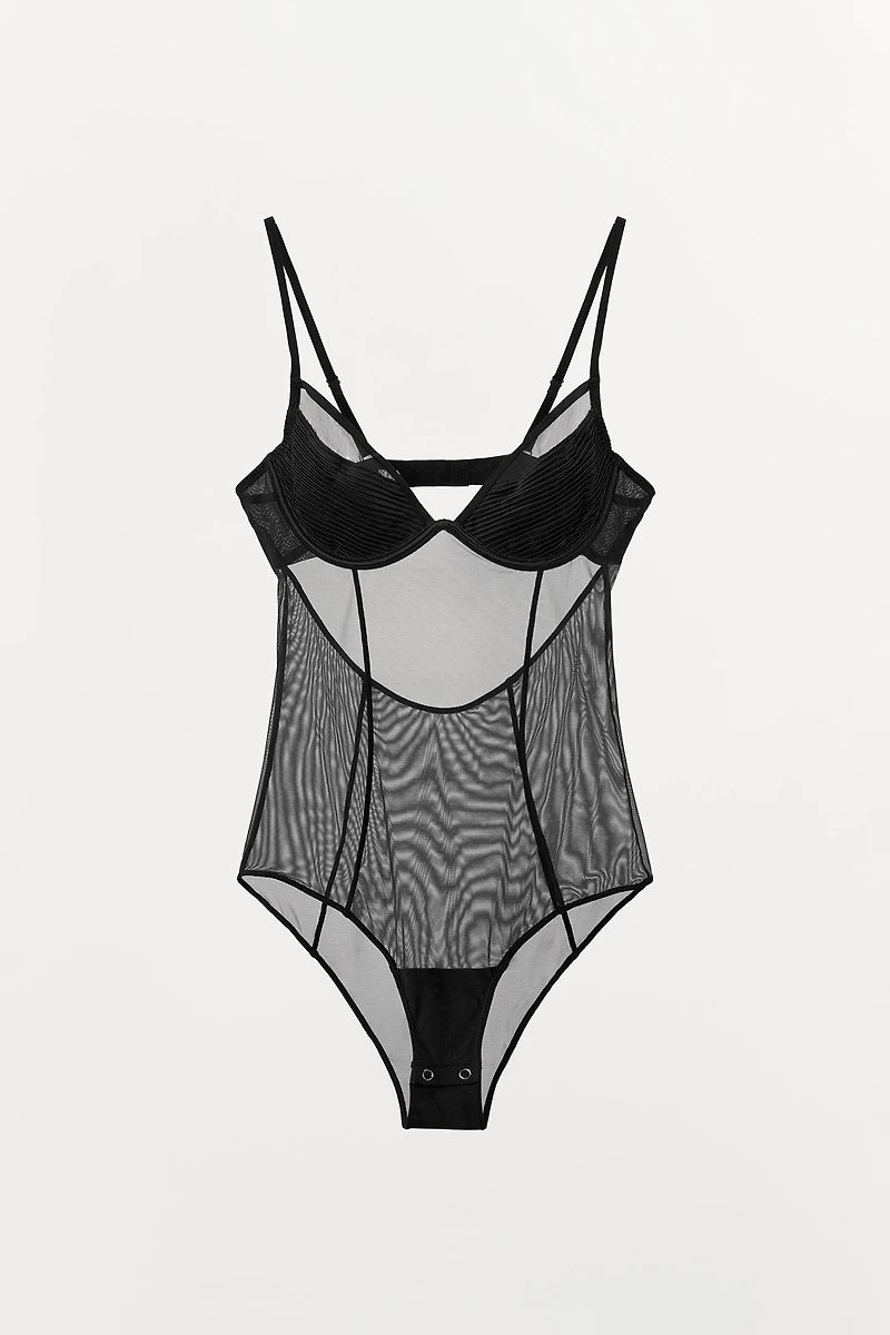 SEMI-SHEER PLEATED BODYSUIT