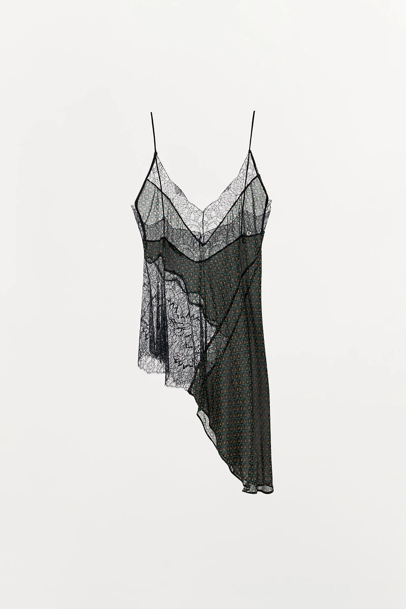 PRINTED 100% VISCOSE ASYMMETRIC LACE TOP