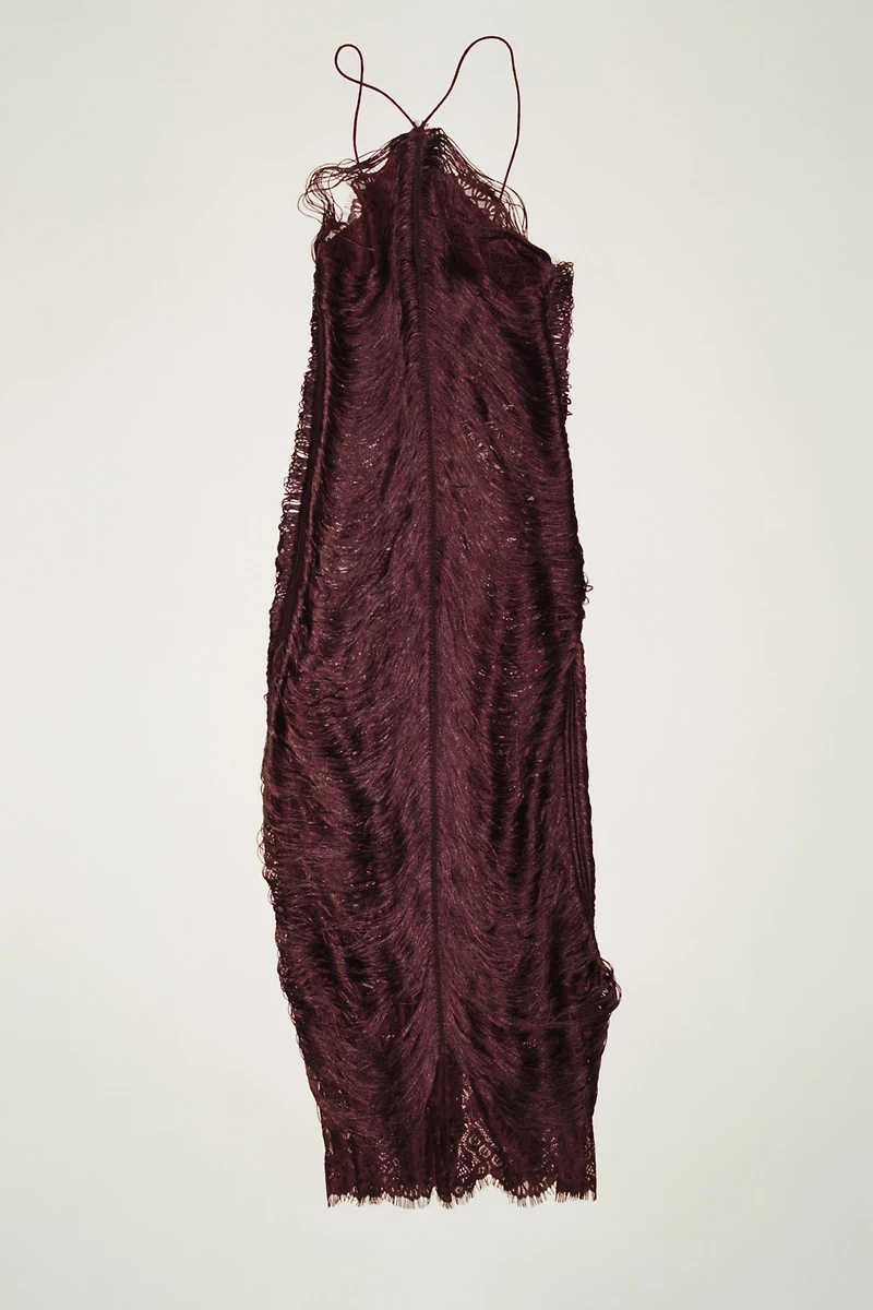 FRINGED LACE HALTER DRESS
