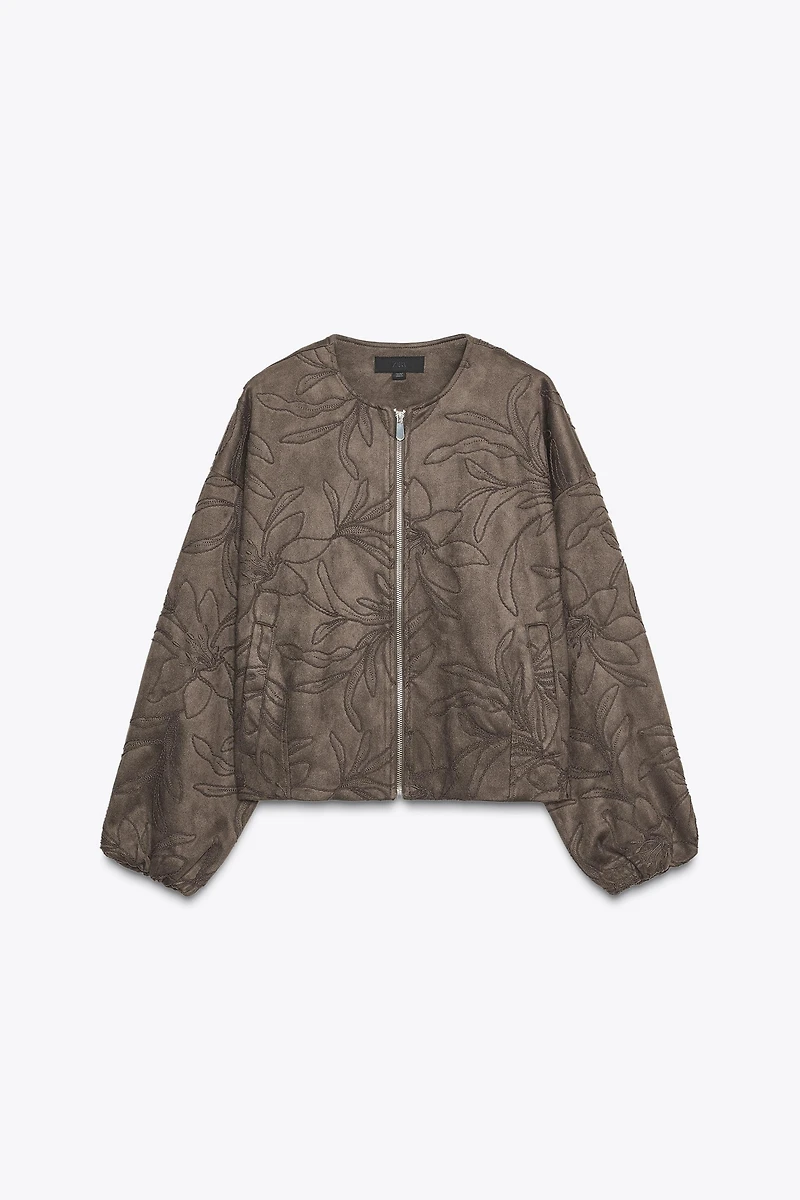 EMBROIDERED FAUX SUEDE BOMBER JACKET