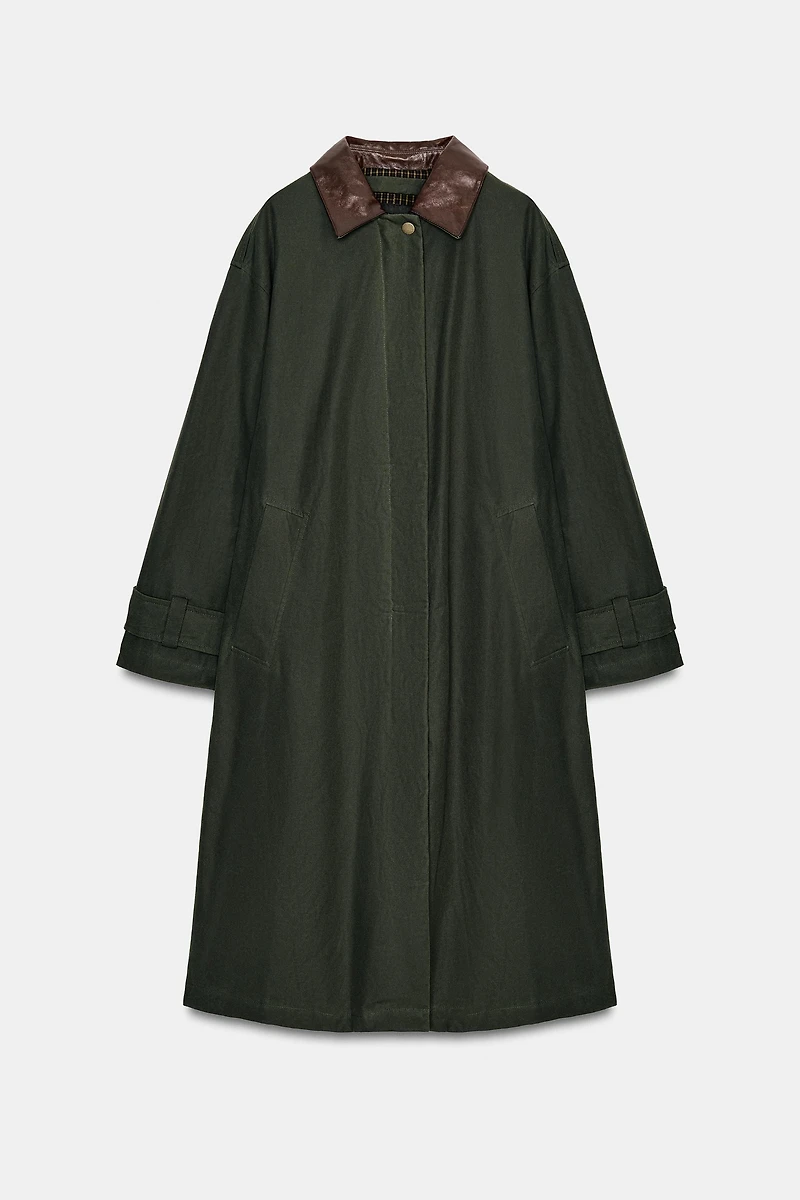 CONTRAST FAUX LEATHER COLLAR TRENCH COAT ZW COLLECTION