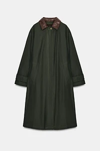 CONTRAST FAUX LEATHER COLLAR TRENCH COAT ZW COLLECTION