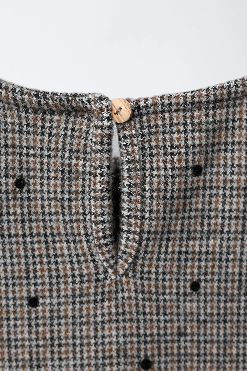 HOUNDSTOOTH FLOCKED POLKA DOT BOW DRESS