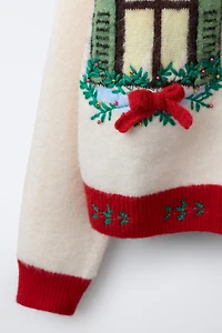 EMBROIDERED AND BOW CARDIGAN