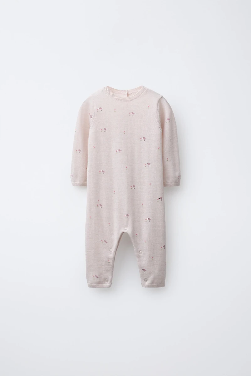 100% MERINO WOOL BIRD PRINT LONG JUMPSUIT