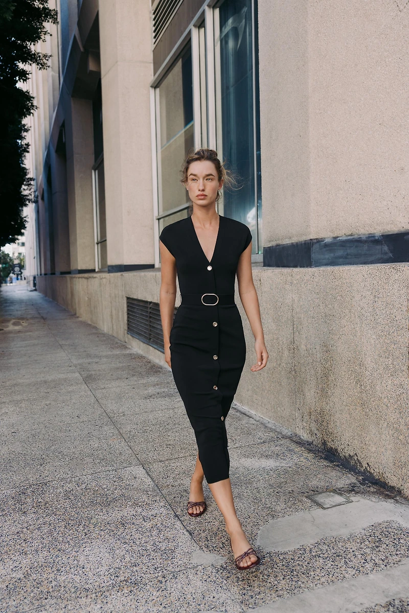 BELTED STRETCH MIDI DRESS