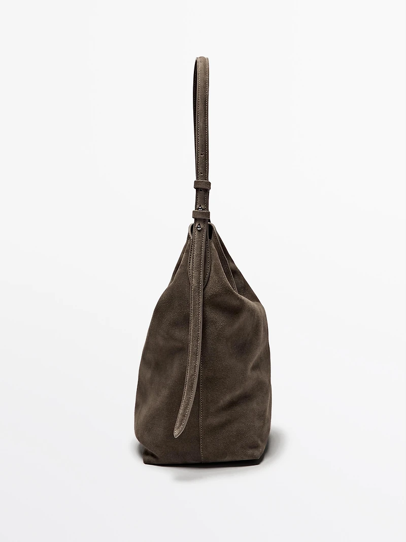 Split suede leather bucket bag