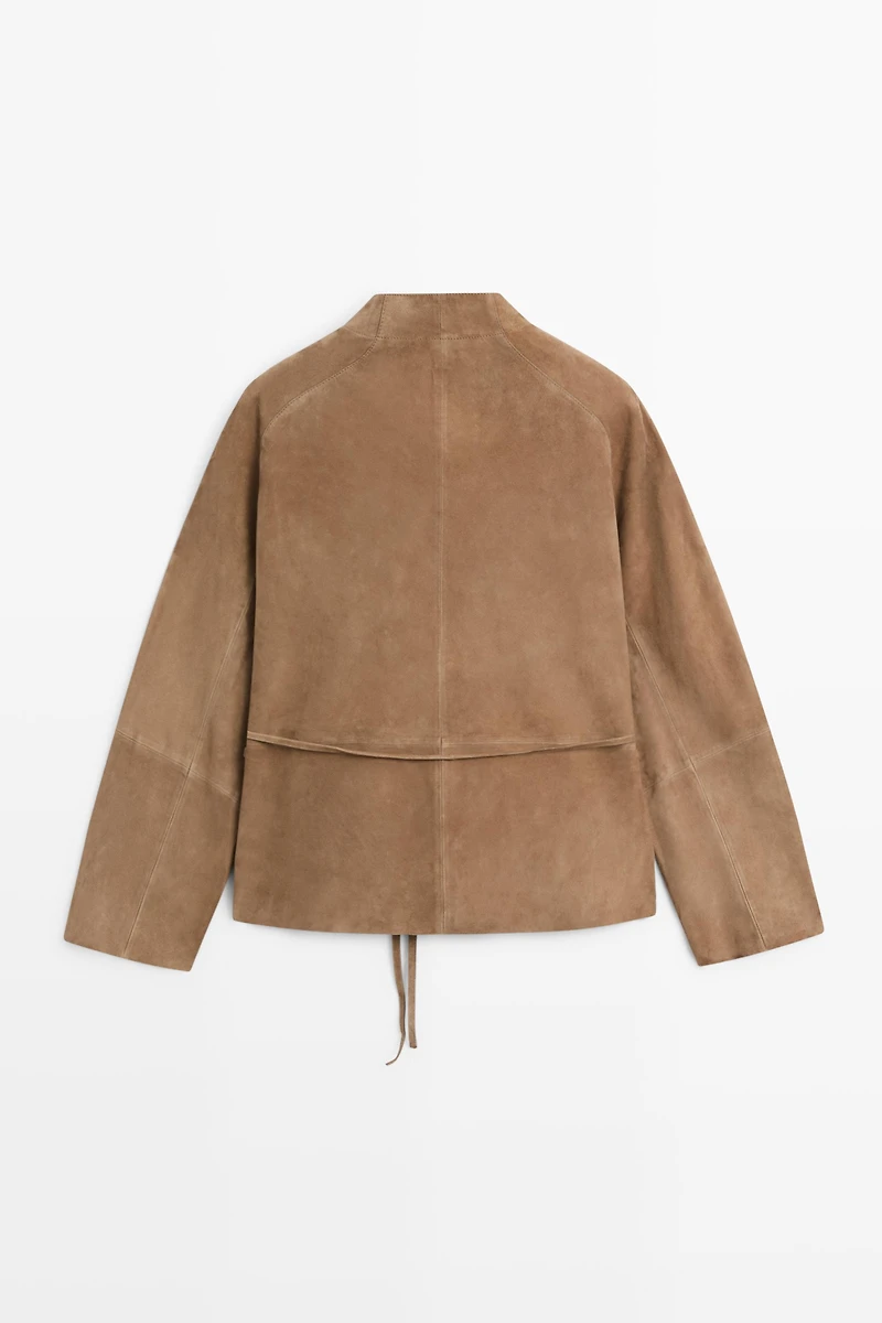 Suede leather jacket with drawstring