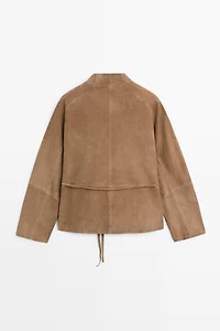 Suede leather jacket with drawstring