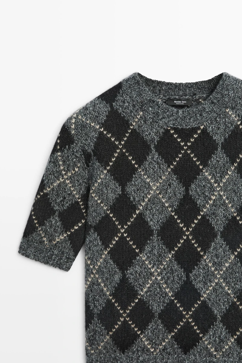 Cashmere-blend short sleeve argyle knit sweater