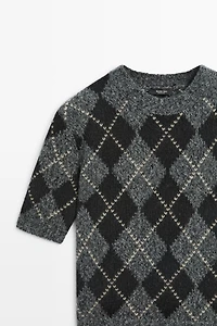 Cashmere-blend short sleeve argyle knit sweater