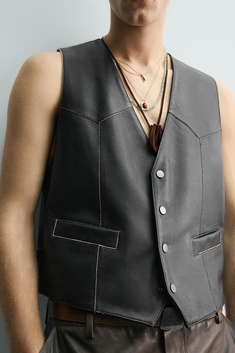 LEATHER VEST WITH CONTRAST STITCHING