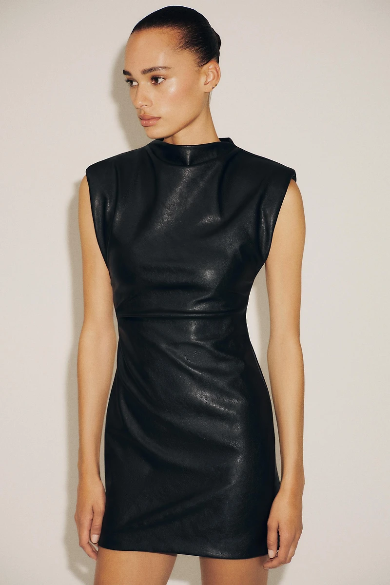 FAUX LEATHER SHORT DRESS WITH SHOULDER PADS