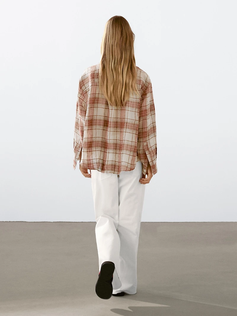 Oversized checked shirt with stand collar