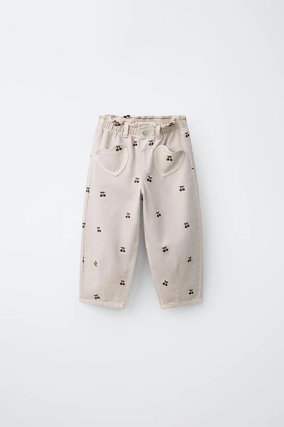 EMBROIDERED CHERRY BAGGY TWILL PANTS