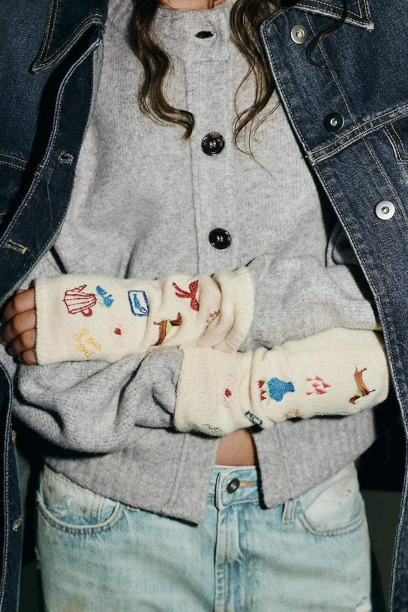 EMBROIDERED KNIT MITTEN GLOVES