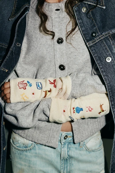 EMBROIDERED KNIT MITTEN GLOVES