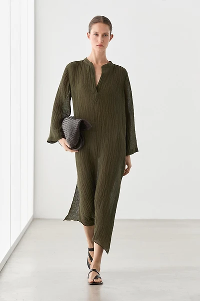 Linen blend waffle-knit shirt dress