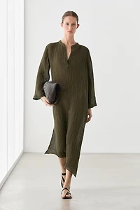 Linen blend waffle-knit shirt dress