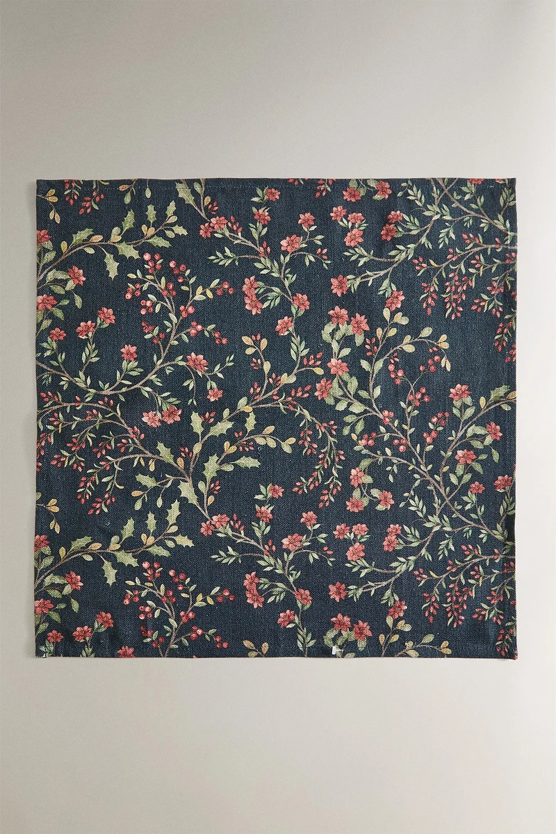 LOT DE SERVIETTES DE TABLE COTON LIN FLEURI NOËL (LOT DE 2)