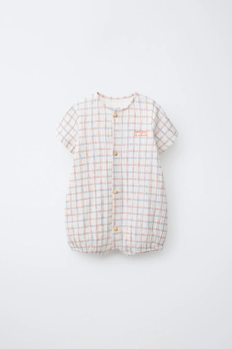 PLAID EMBROIDERED TEXT ROMPER