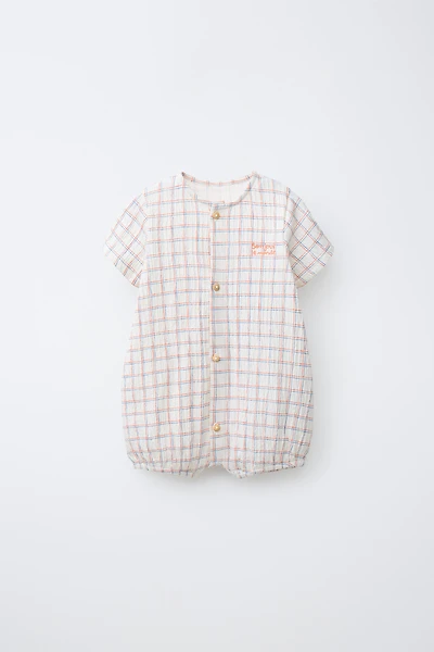 PLAID EMBROIDERED TEXT ROMPER