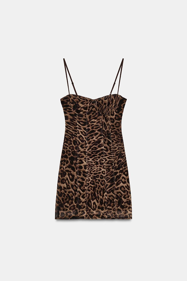 knee length dresses for ladies Zara Brown Tan Leopard Animal Print Front Keyhole Ruffle Tiered Mini D –  Brie main image 1