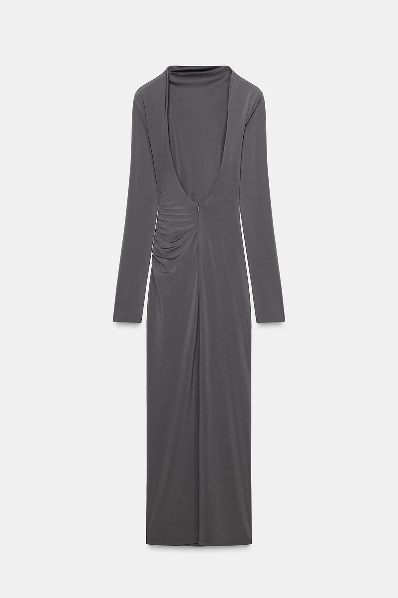DRAPED SHOULDER PAD MIDI DRESS