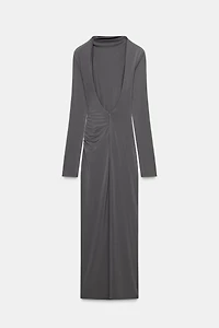 DRAPED SHOULDER PAD MIDI DRESS
