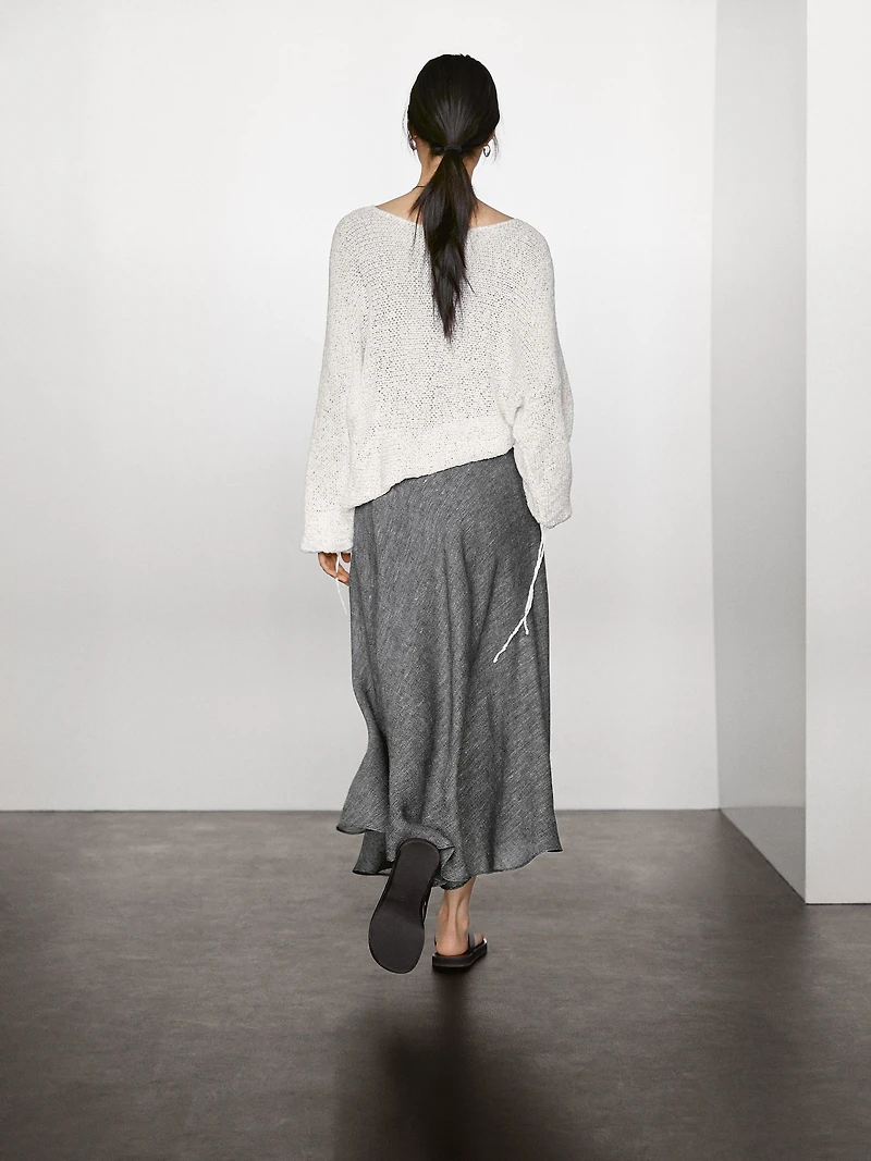 Linen blend midi skirt with flounce