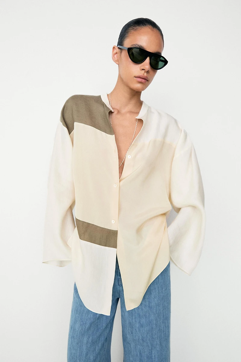 Flowing patchwork shirt with stand-up collar