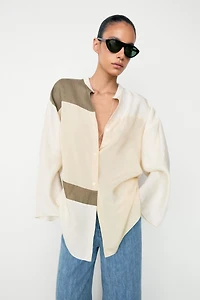 Flowing patchwork shirt with stand-up collar